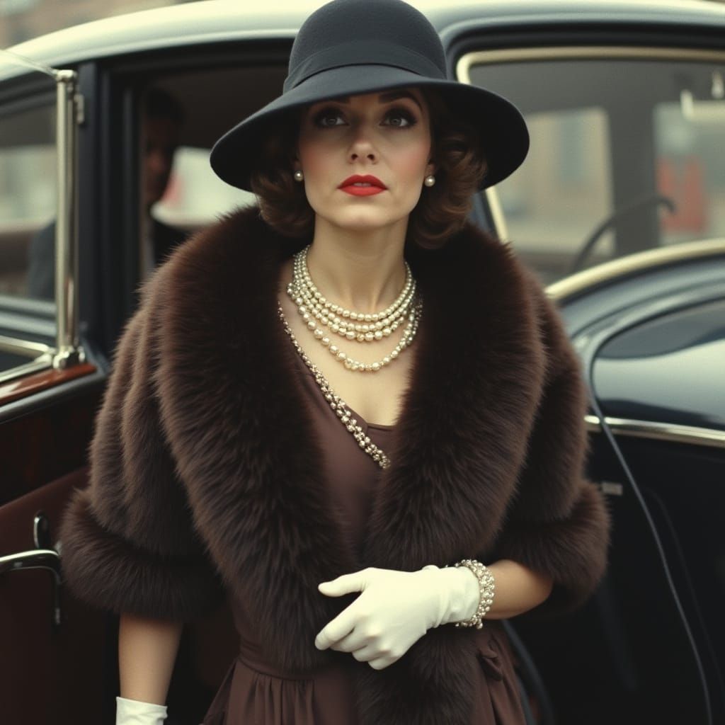 Elegant 1930s Woman Steps Out of Bentley in Luxury Attire