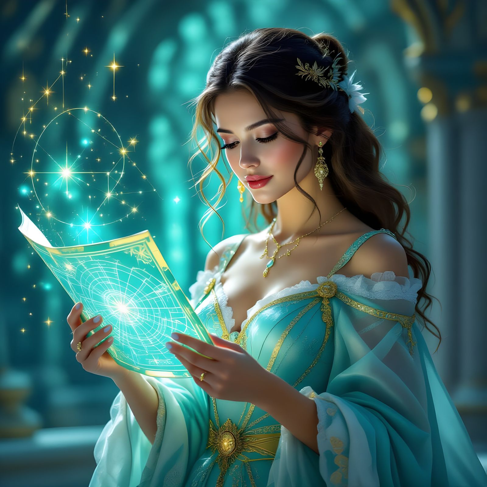 Regal Celestial Woman Studies Star Map