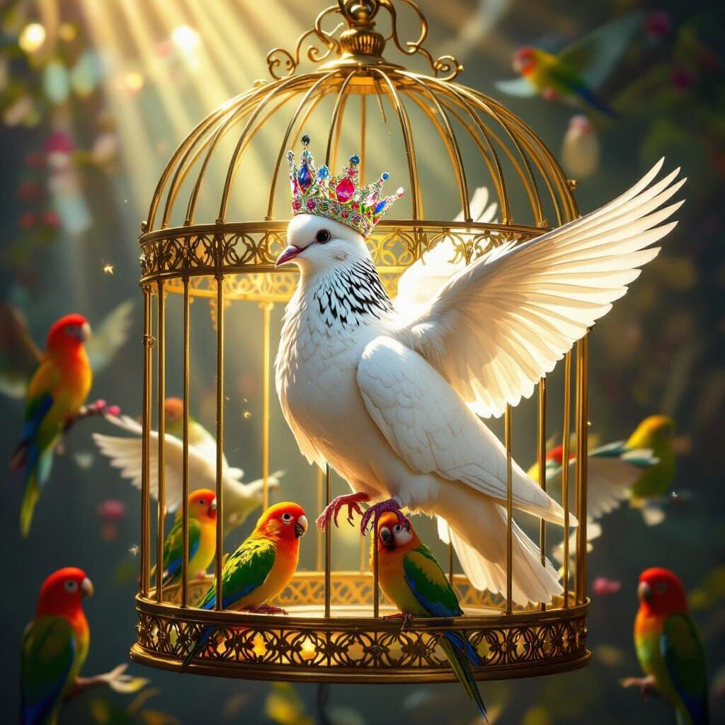 Majestic Dove in Ornate Cage with Parrots, Art Nouveau Style