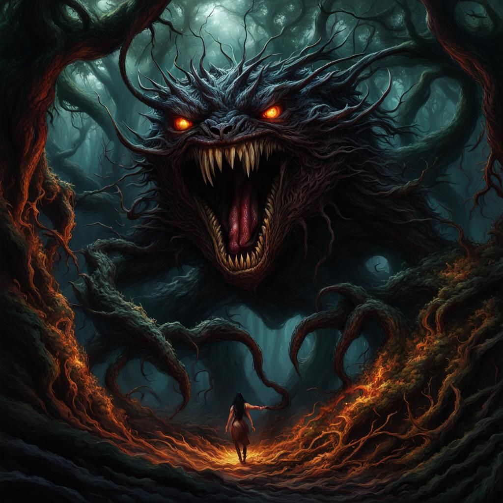 Hideous Hair Monster Emerging from Woods