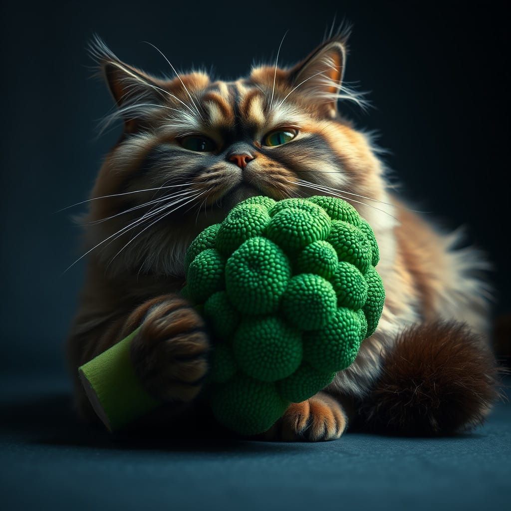 Regal Cat Teases Lush Green Broccoli Toy