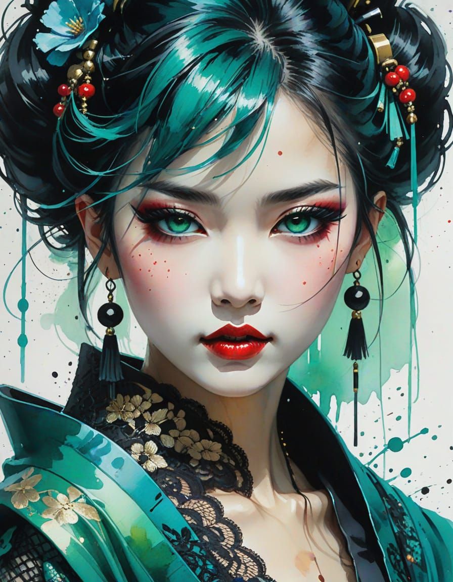 Cyberpunk Geisha Portrait with Teal Highlights