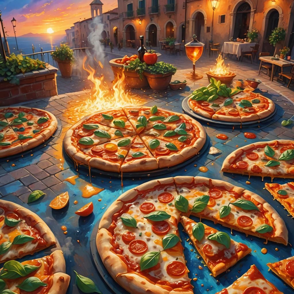 Mystical Pizza in Ancient Piazza: Oil Painting