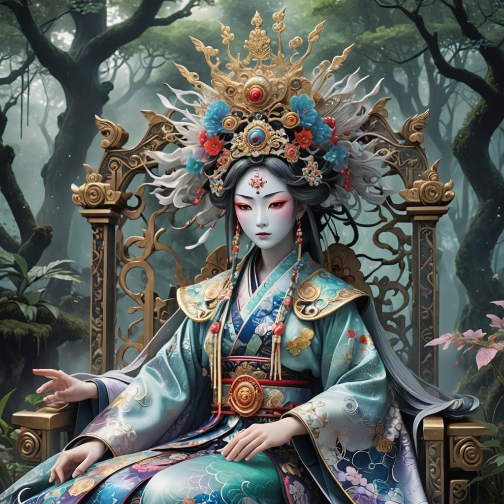 Yokai Empress in Mystical Forest: Anime-Inspired 3D Art