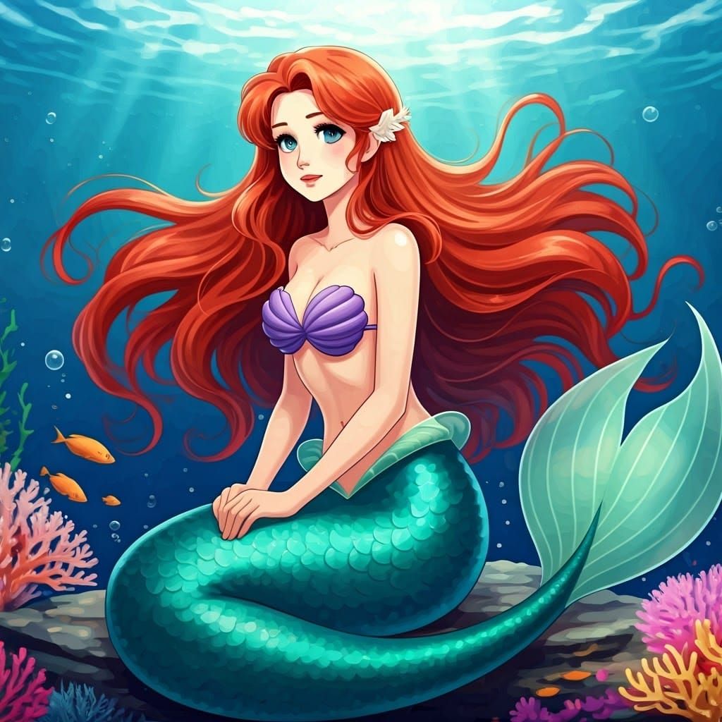 Ethereal Mermaid with Vibrant Red Hair in Underwater Realm