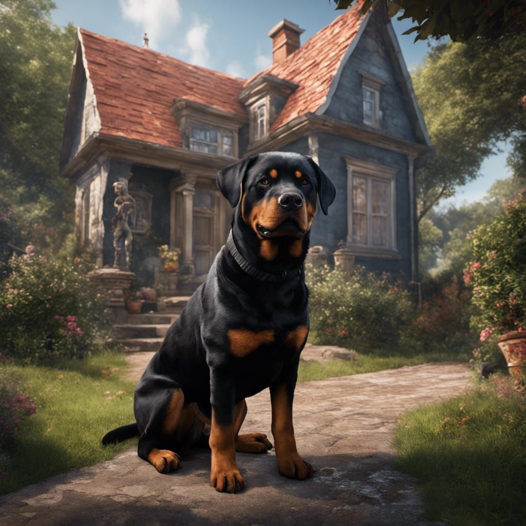 Rottweiler Dog in Yard: Fantasy Concept Art