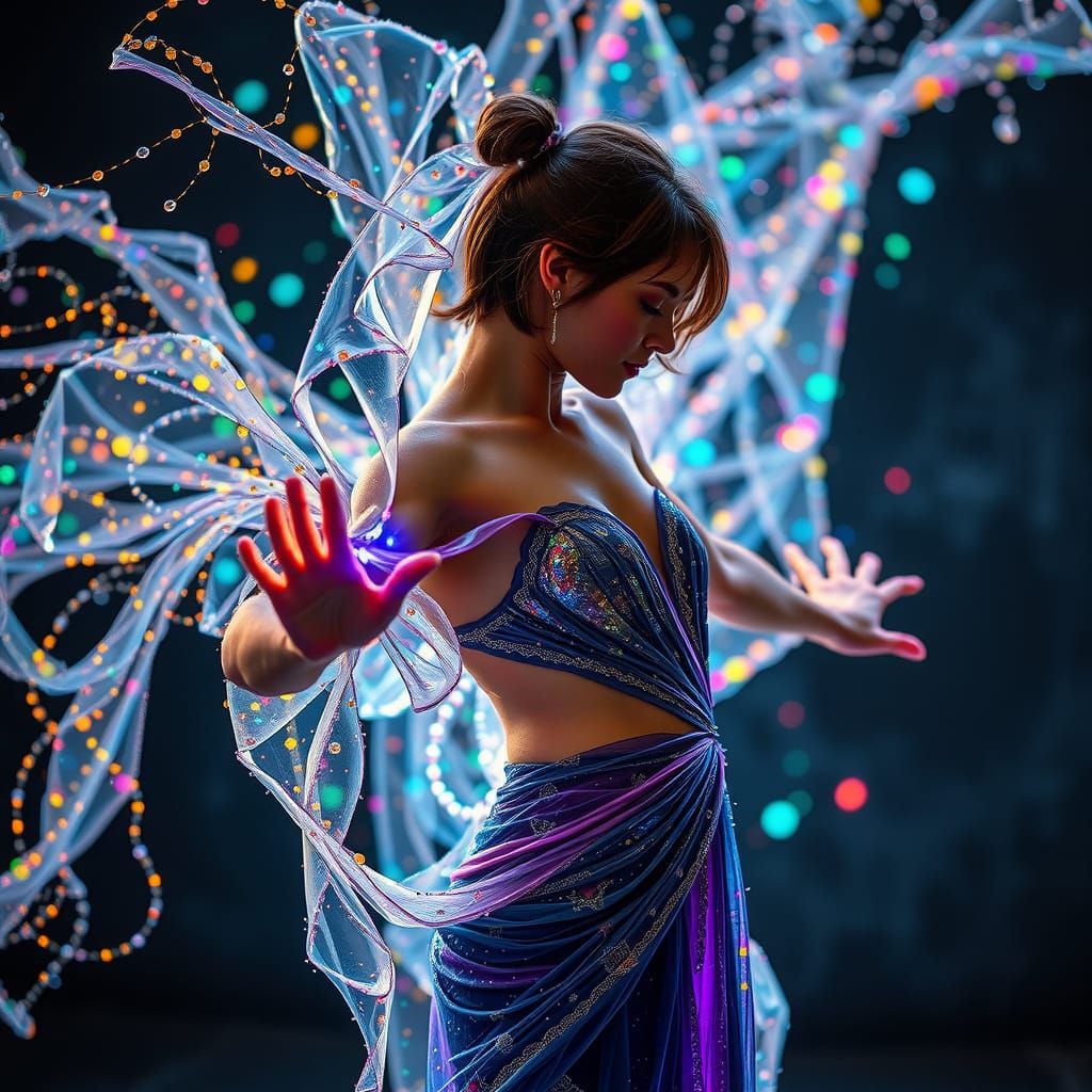 Brunette Pixie Dancer in Exploding Fractal Liquid Art
