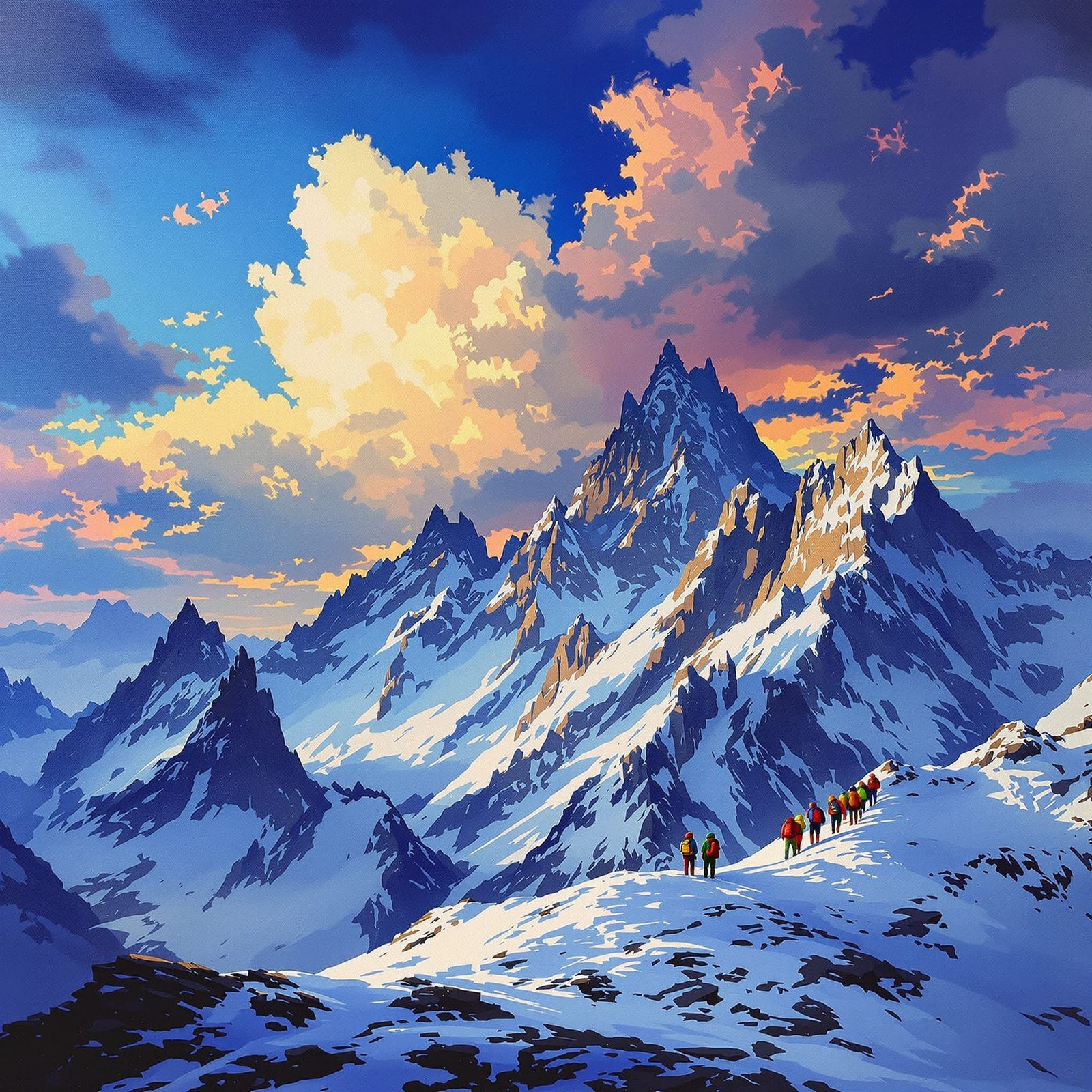 Maxfield Parrish Style Sunrise Over Snow-Dusted Alps