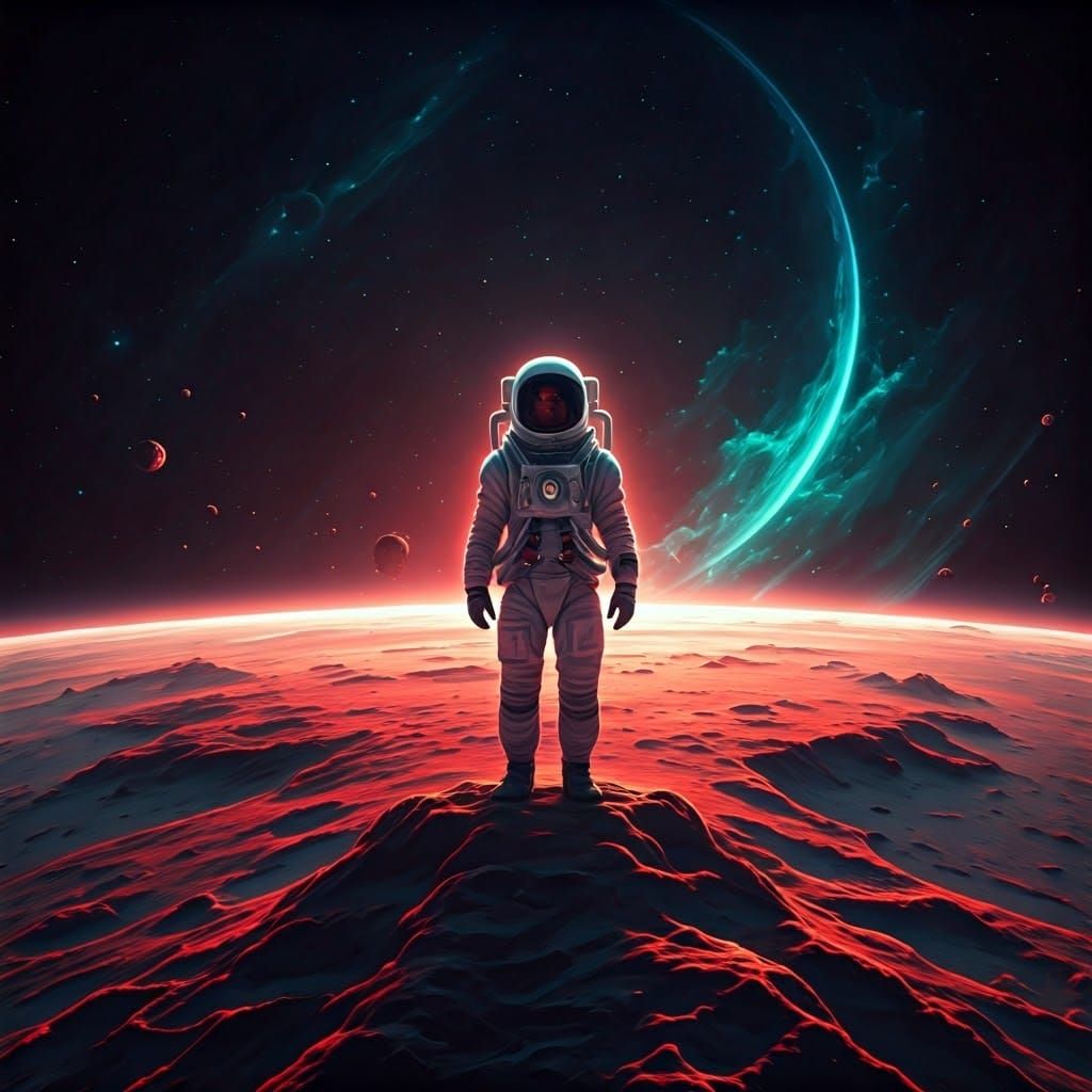 Astronauts on Crimson Moon in Photorealistic Sci-Fi Art