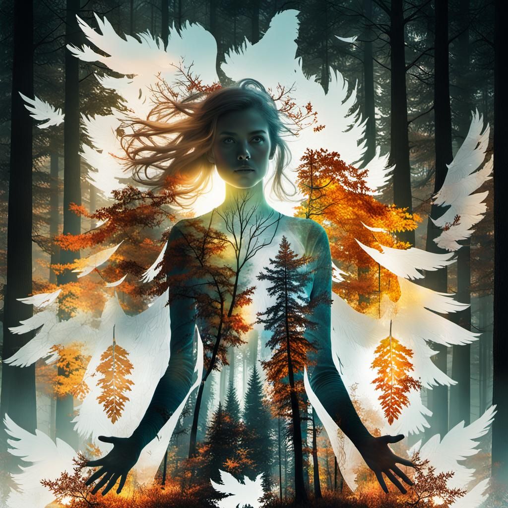 Angel Silhouette in Autumn Forest Double Exposure
