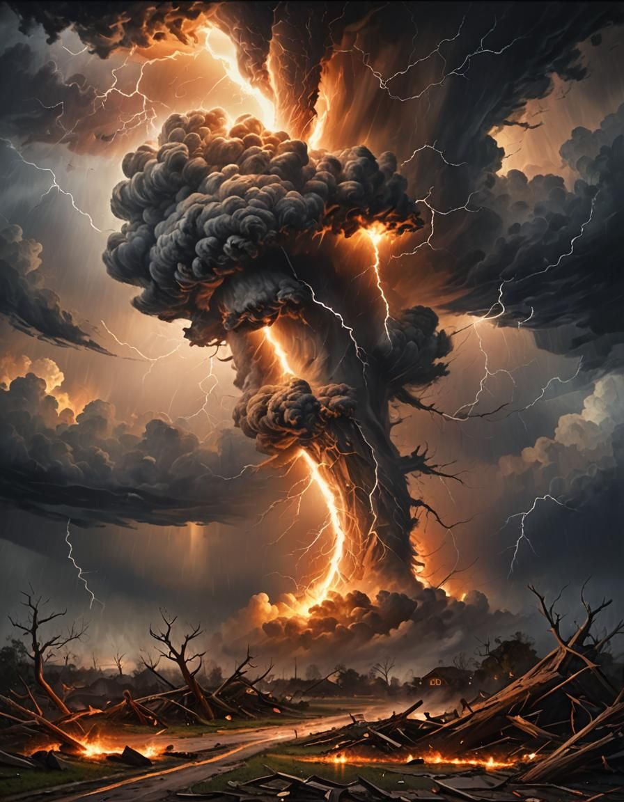 Apocalyptic Orange Tornado in Chiaroscuro Oil Painting