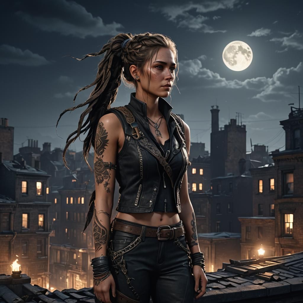 Fantasy Art: Woman on Tenement Roof at Midnight