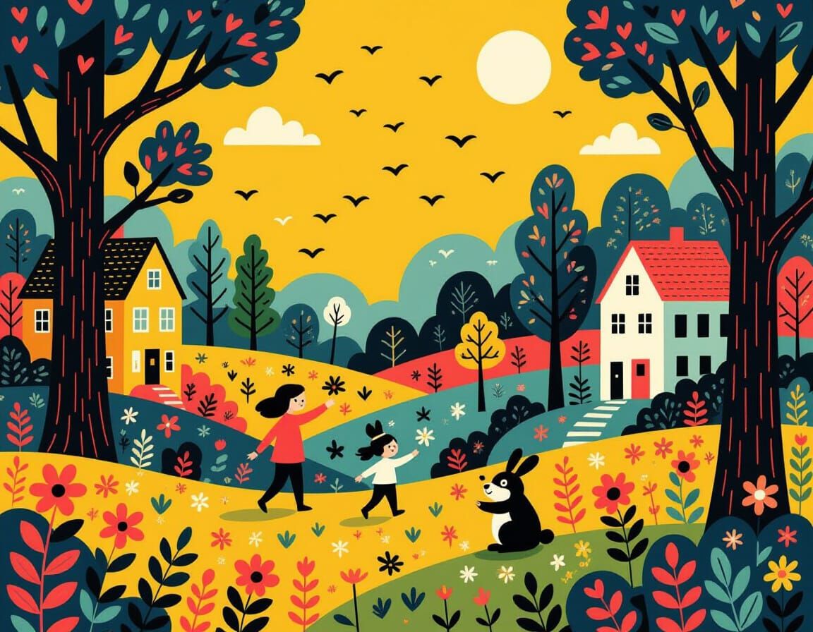 Vibrant Whimsical Scene with Bold Outlines and Flat Colors