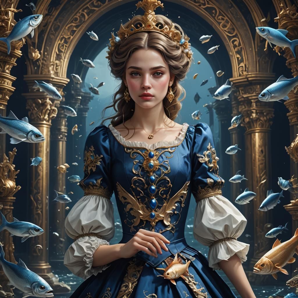 Baroque Princess with Fish Hat: Detailed Digital Painting