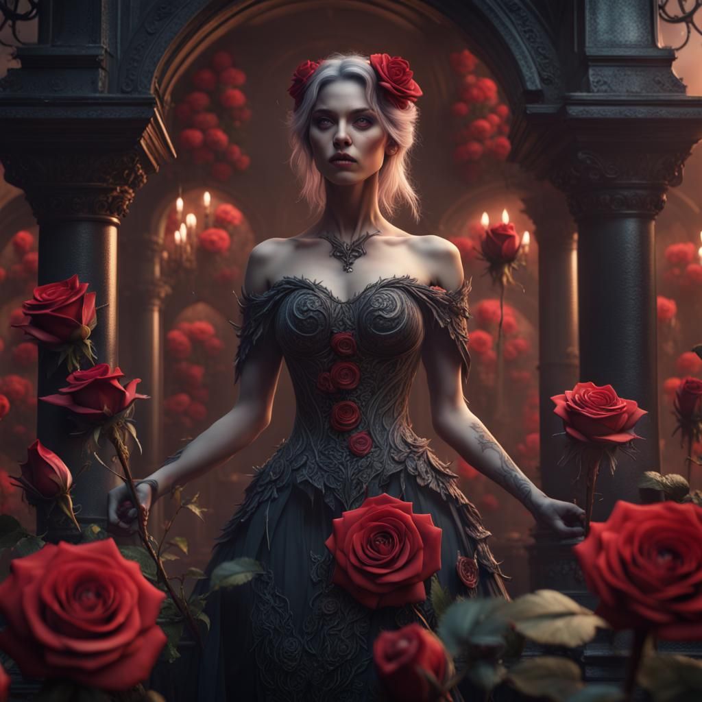 Macabre Beauty: A Rose-Adorned Fantasy Portrait