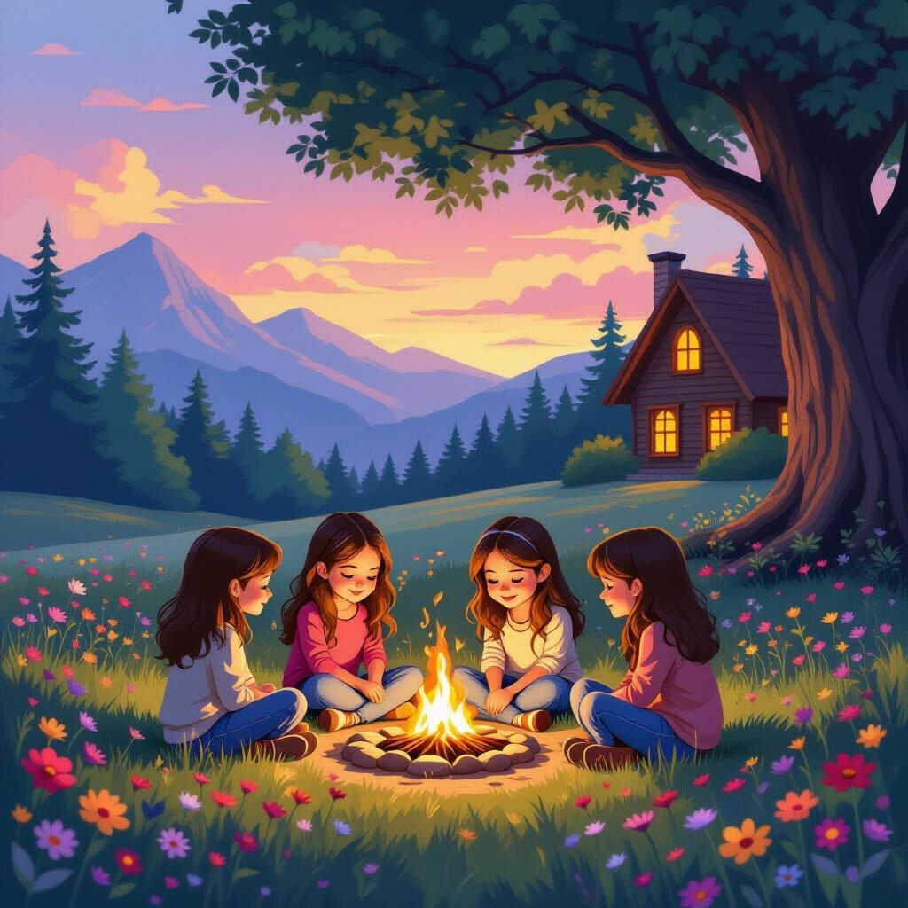 Four Girls Around Campfire in Storybook Style