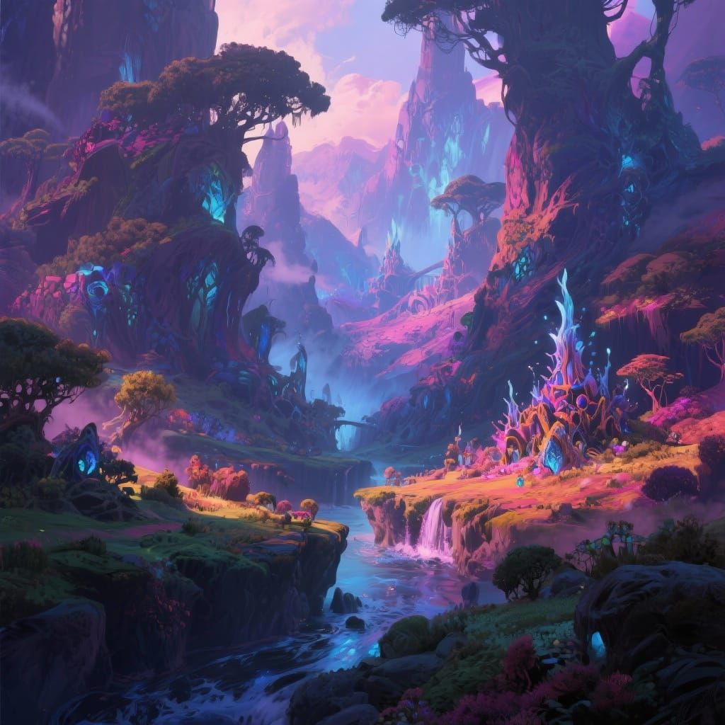 Fantastical Landscape Matte Painting in Deep Complementary C...