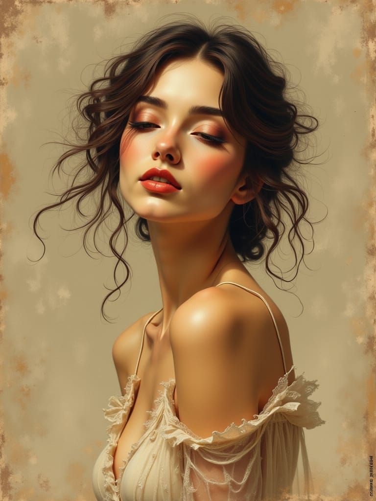 Elegant Woman Lost in Thought, Golden Light, Soft Brushstrok...