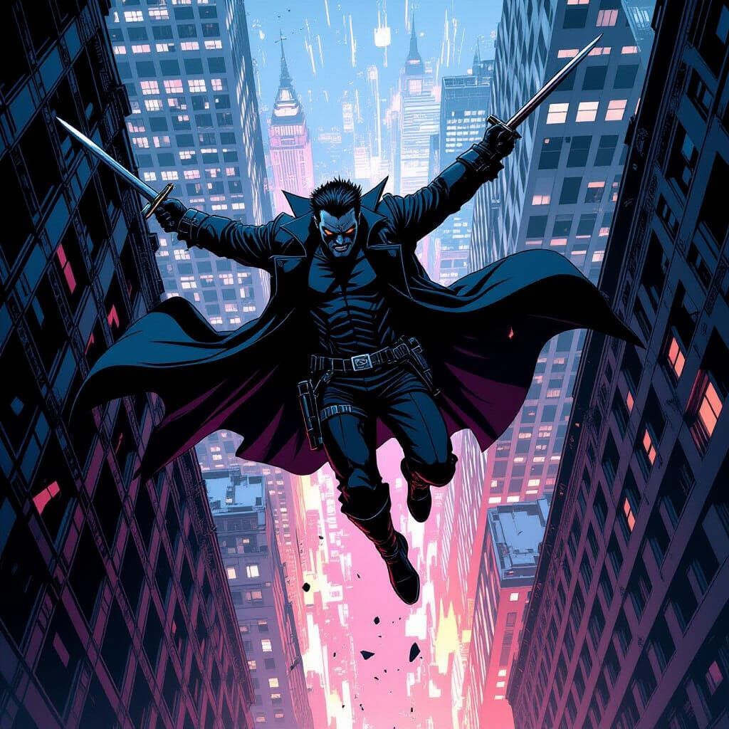 Blade Falls From NYC Skyscraper in Dark Comic Art Style
