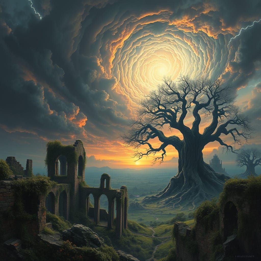 Sweeping, Cinematic Landscape of Ancient Ruins and Twisted T...