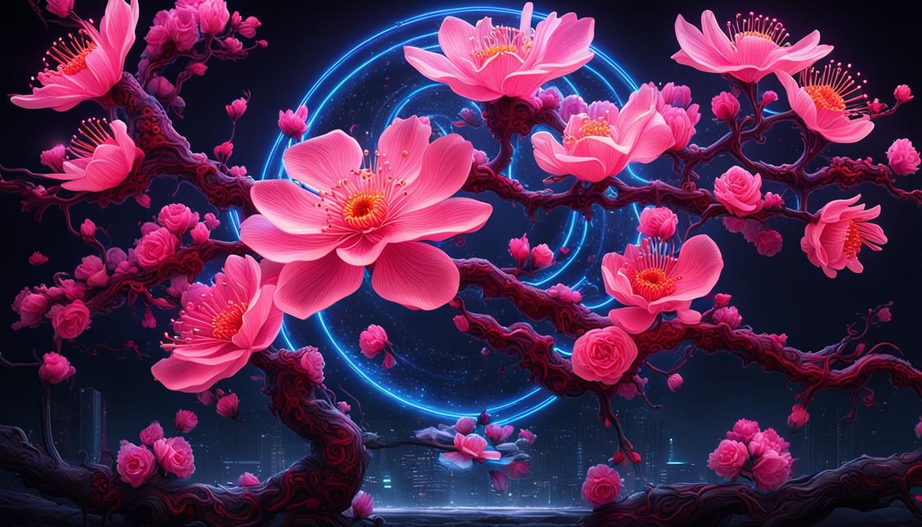 Glowing Cyberpunk Japanese Blossom Tattoo in 3D