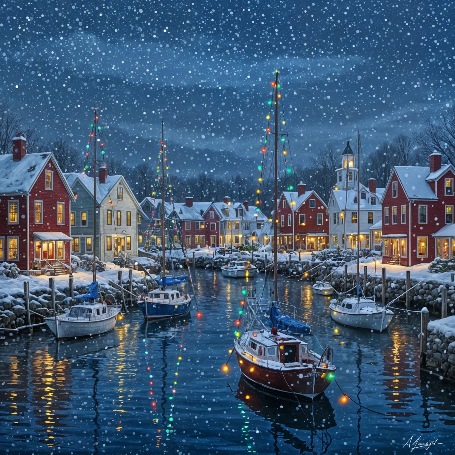 Christmas in New England Harbor: Kinkade Style