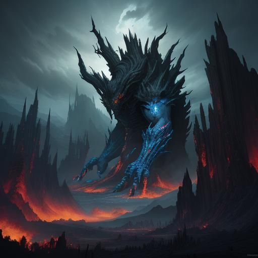 Towering Dark Fantasy Monster in Twisted Landscape