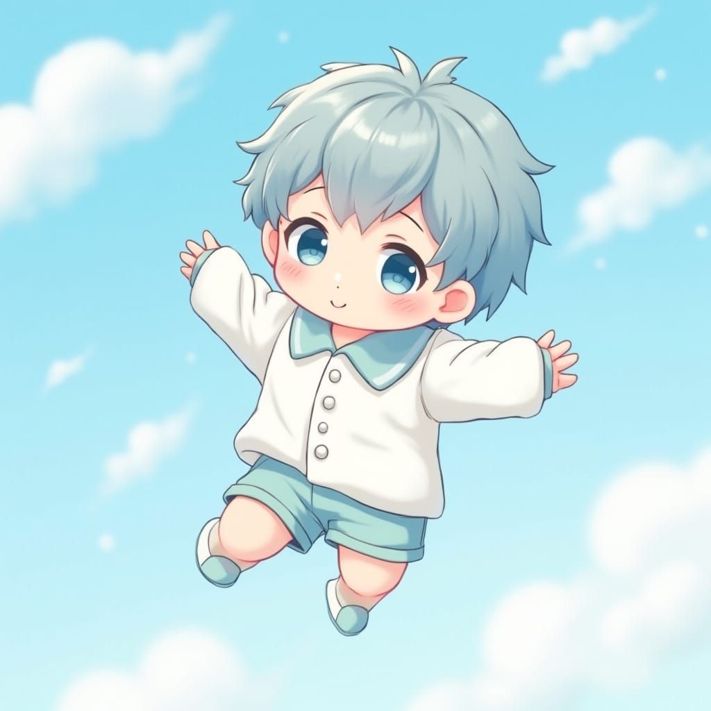 Kawaii Boy Floats in Soft Pastel Clouds