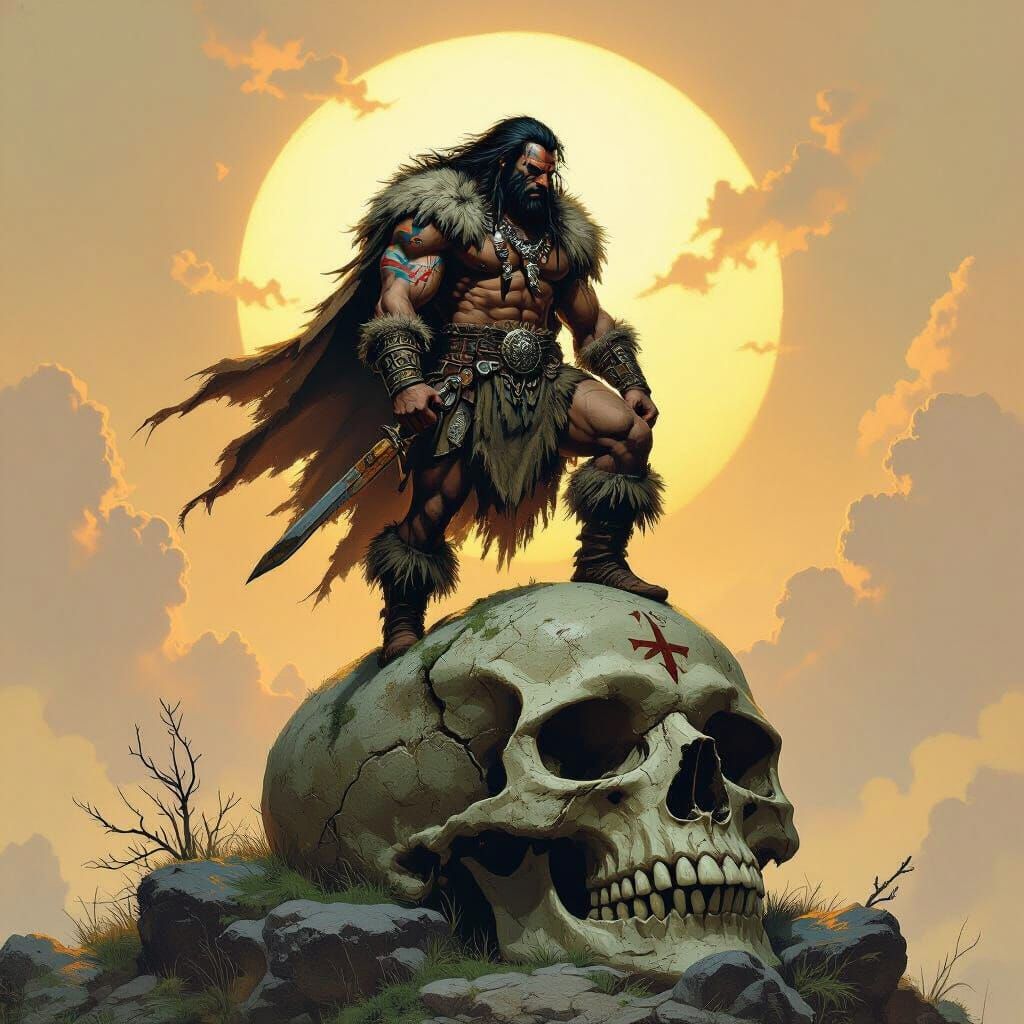 Barbarian Warrior on Skull in Heroic Fantasy Style