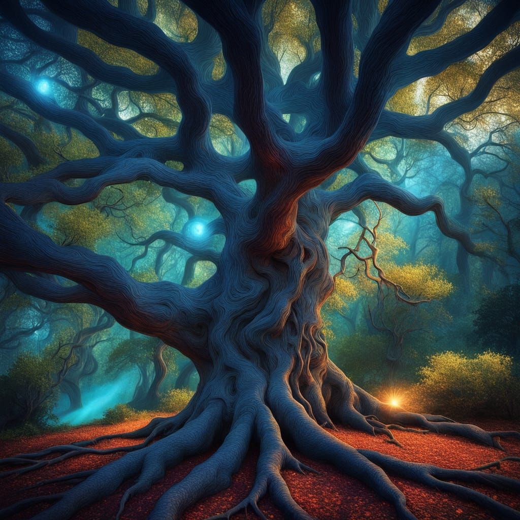 Surreal Tree of Life with Glowing Roots and Vibrant Leaves