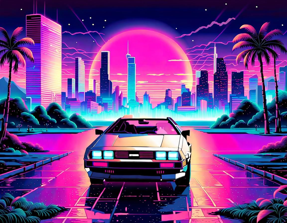 Neon Vaporwave Cityscape at Night: Retro Digital Art