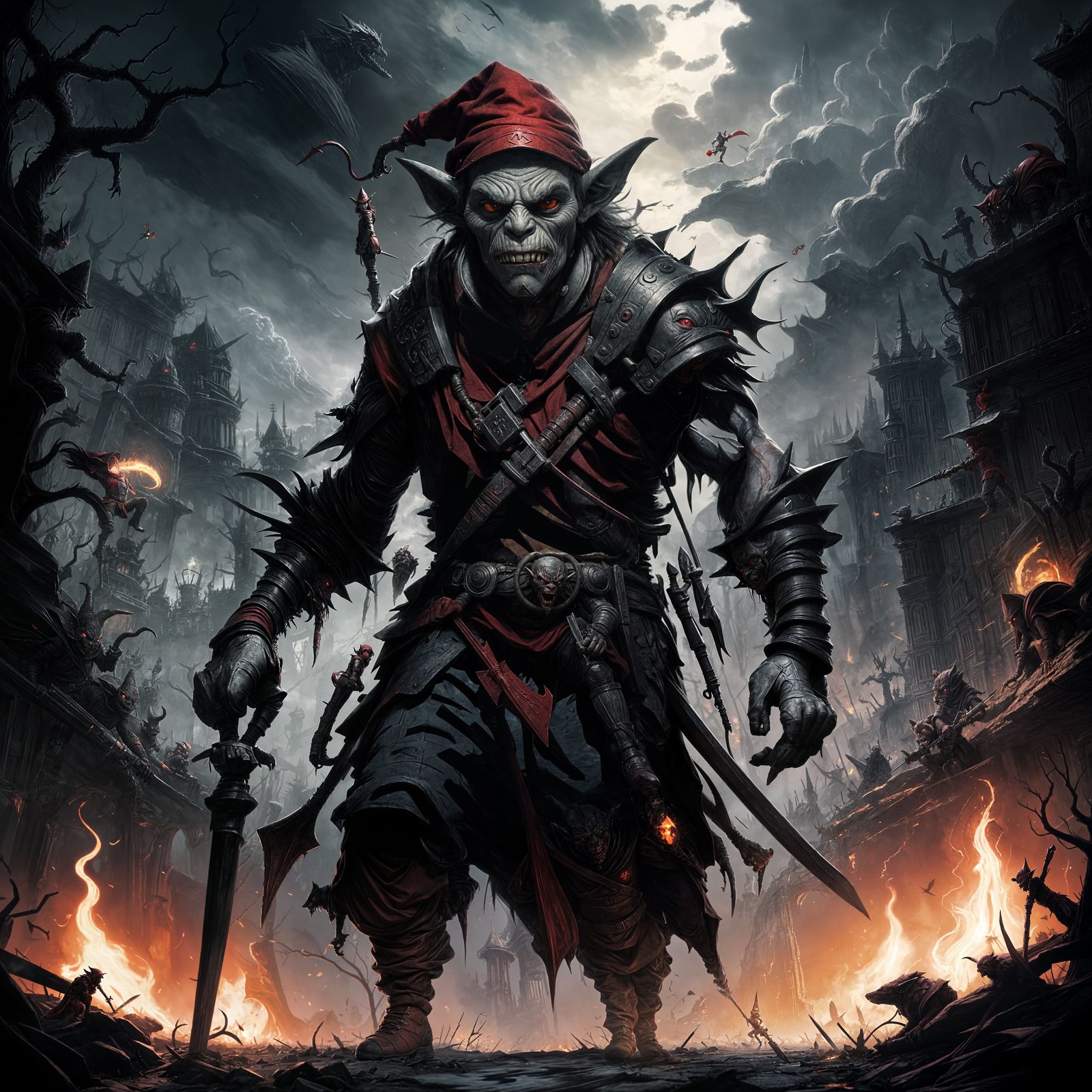 Goblin in Crimson Cap Prowls Dark Battlefield