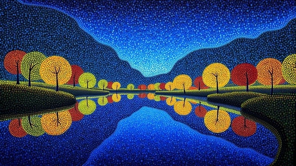 Mirror Lake at Night in Pointillism Style