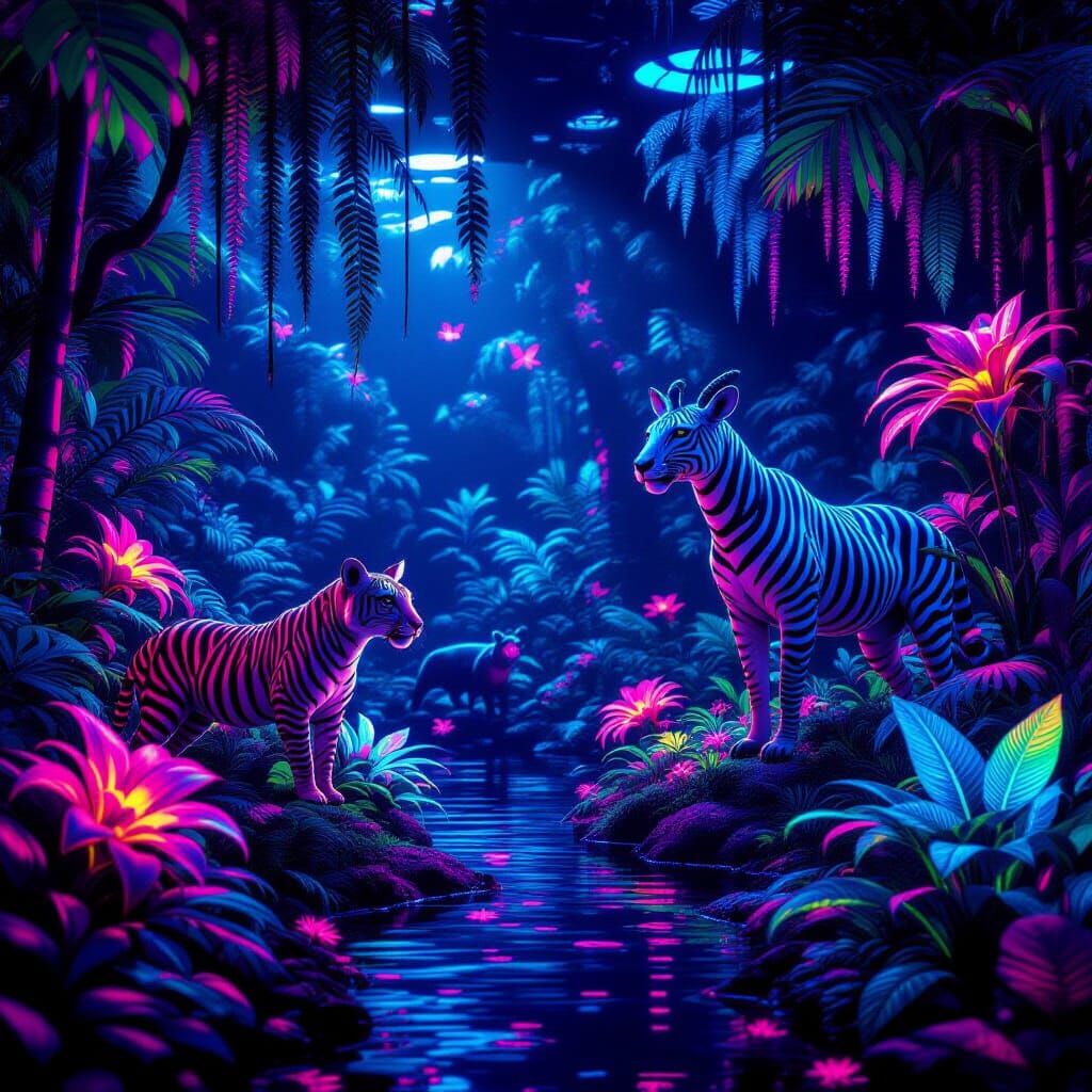 Vibrant Neon Jungle Animals in Futuristic Diorama
