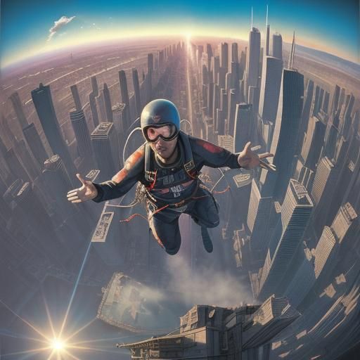 Base Jumper Over Cityscape in Pop Art Style