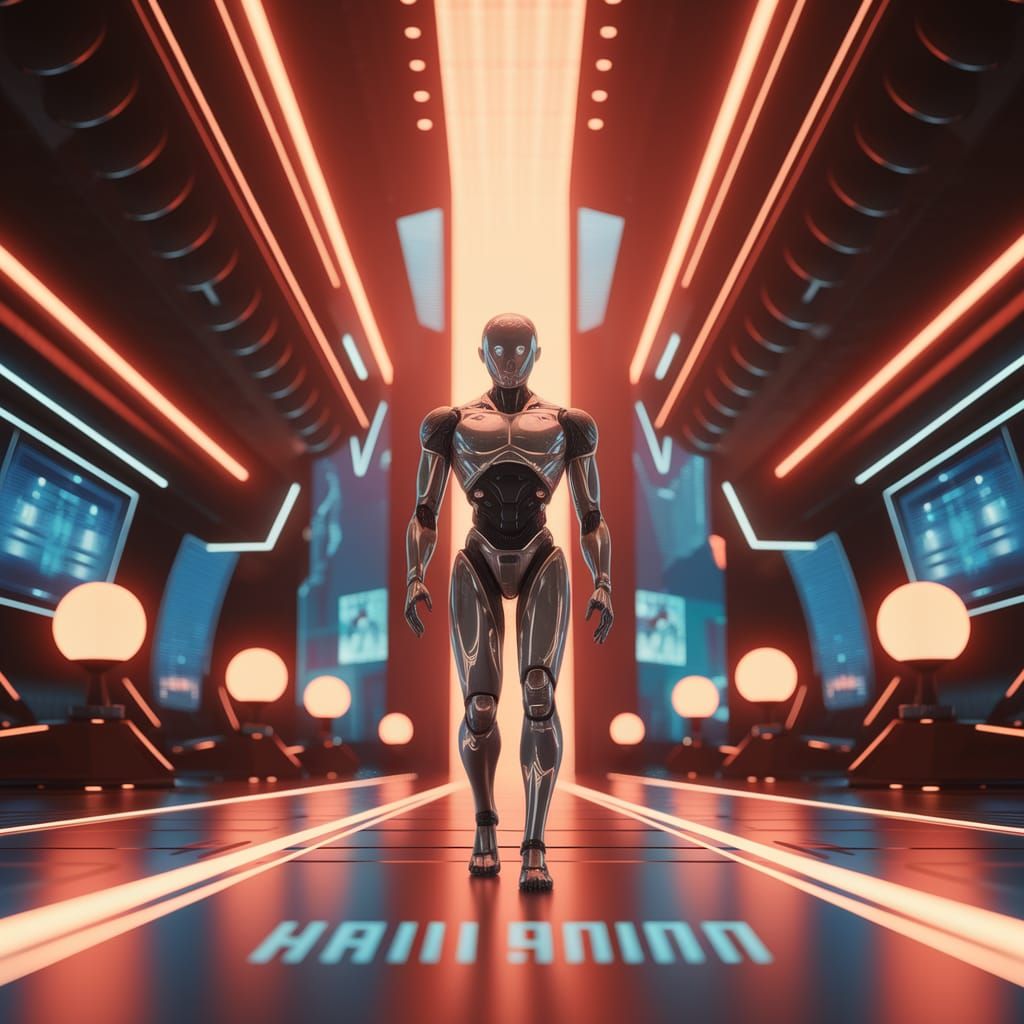 Futuristic AI in Neon Lit Hallway