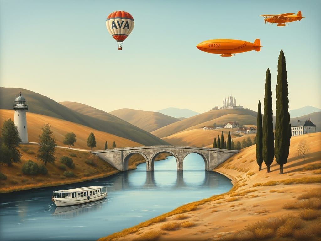 Surreal Dreamlike Landscape Painting with River and Lighthou...