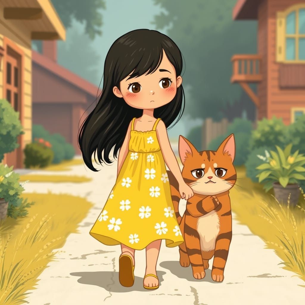 Girl in Yellow Sundress Walks Home with Concerned Expression