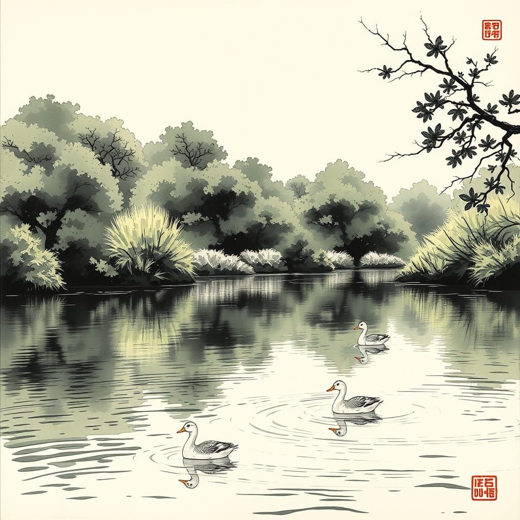 Serene Lake with Ducks in Sumi-e Ink Style