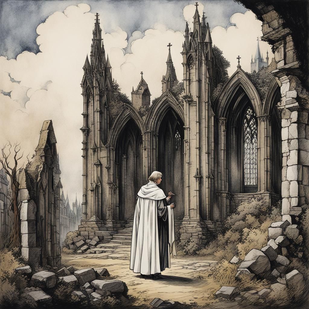 a priest in a white smock standing at the ruins of an ancien...