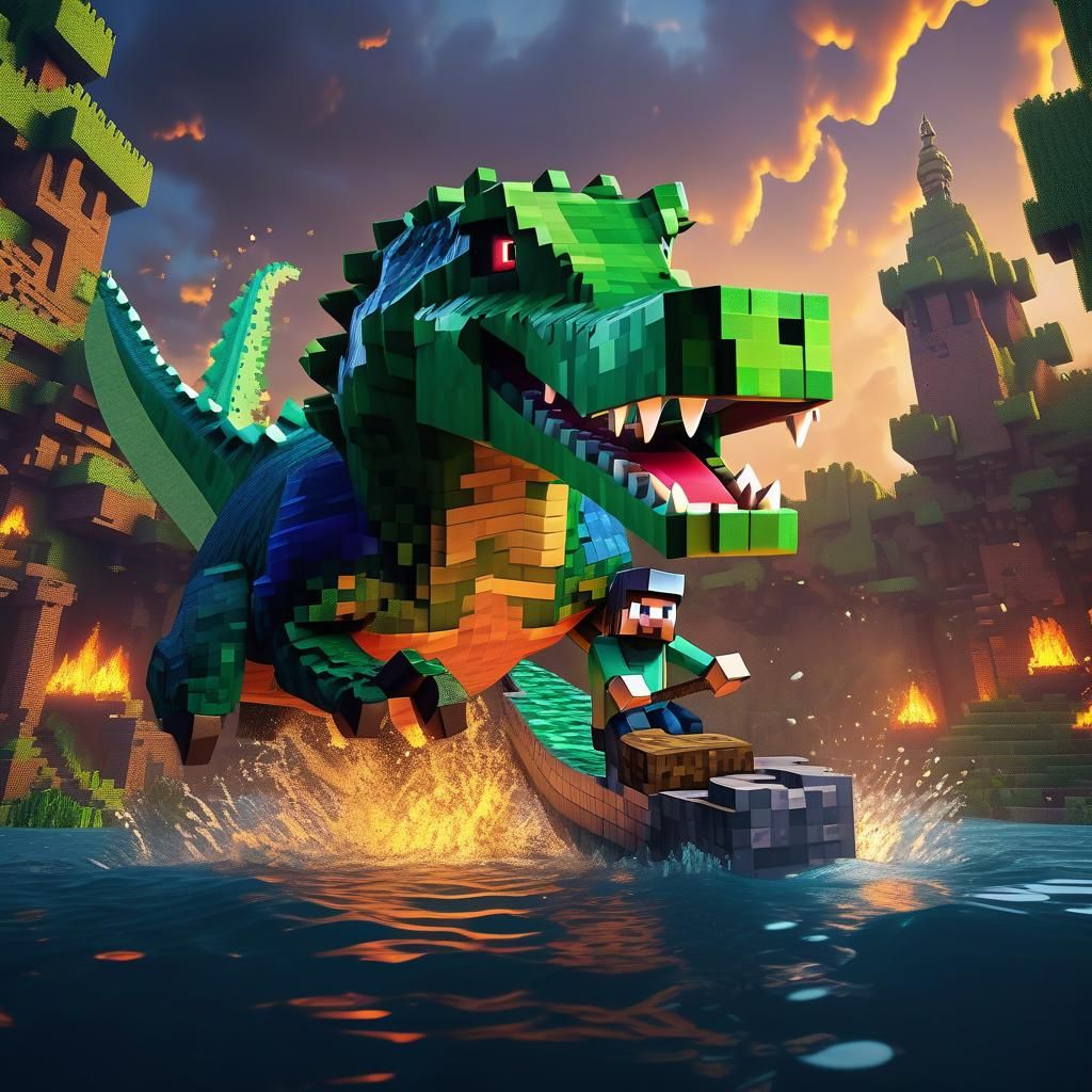 Steve on Crocodile Fighting Ender Dragon: Fantasy Art