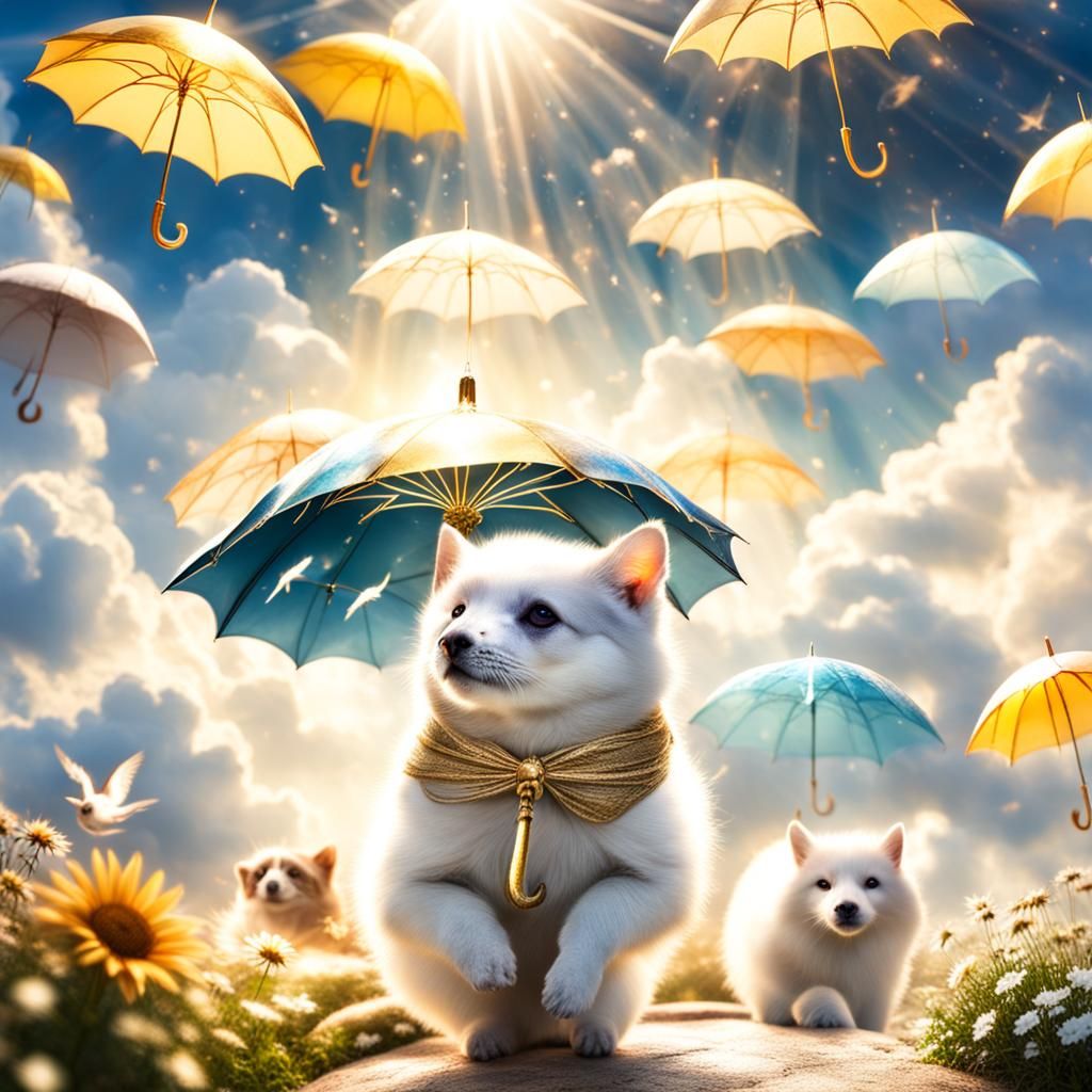 Animals Flying with Star Umbrellas in Sunshine