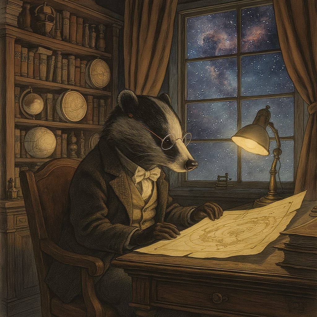 Badger Astronomer in Classic Storybook Style