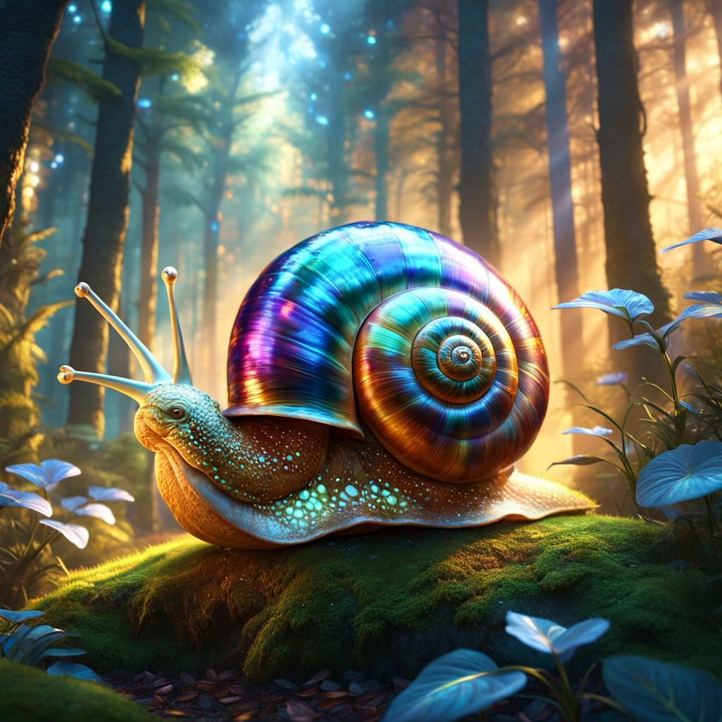 Enchanted Forest: Giant Snail with Iridescent Shell