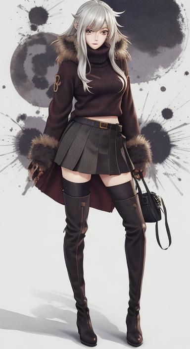 Anime Girl in Sweater, Skirt, and Boots