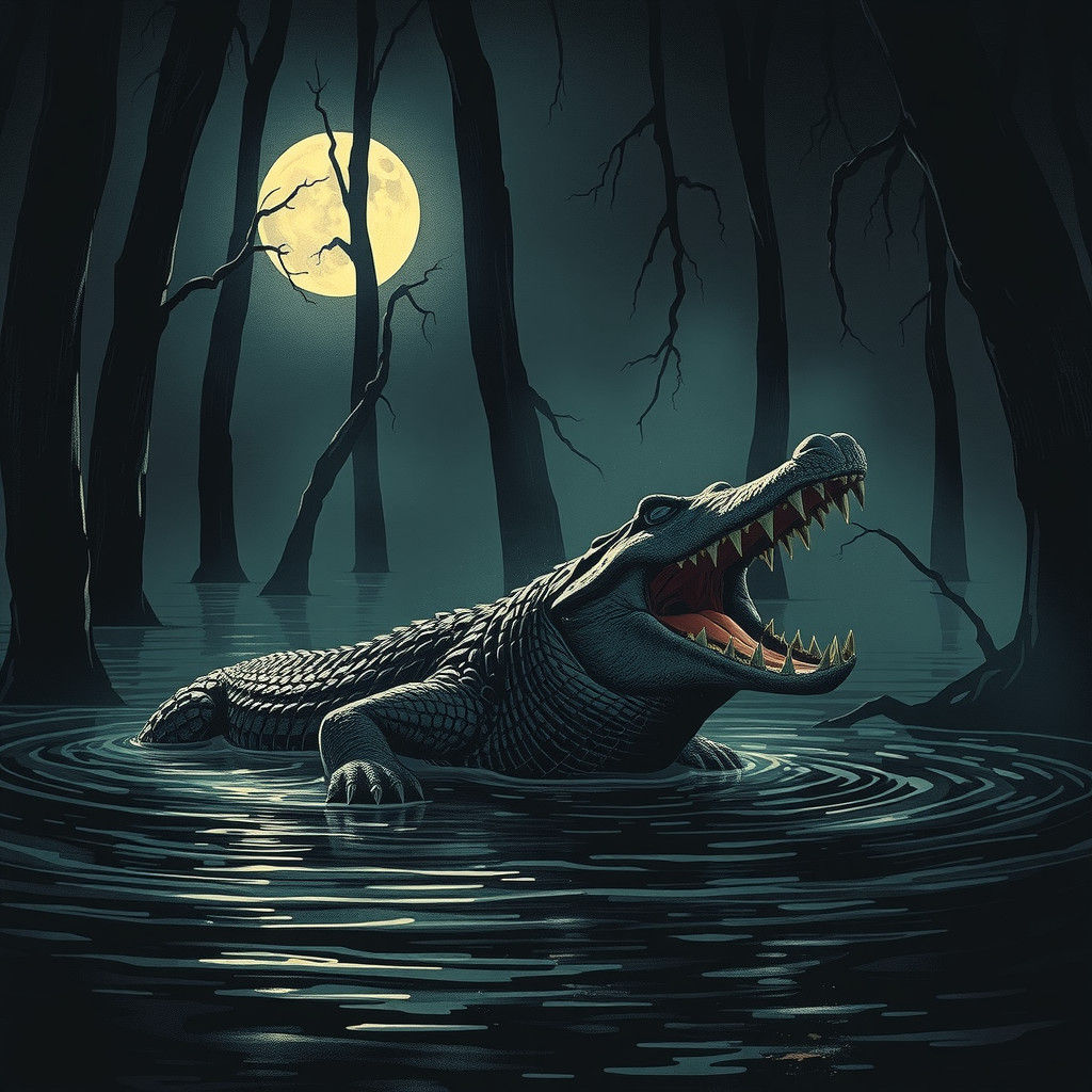 Alligator's Scream in Haunted Swamp: Chiaroscuro Illustratio...