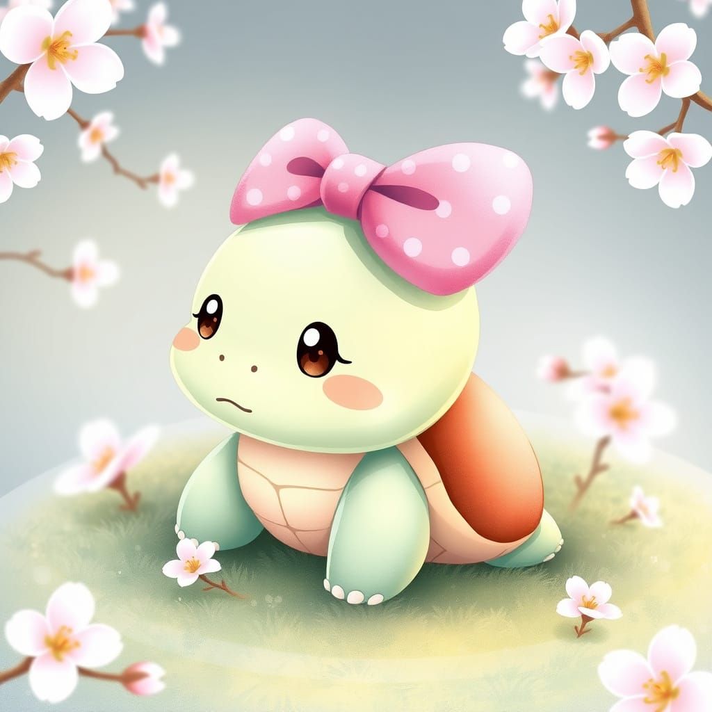 Adorable Chibi Turtle in Pastel Hues and Cherry Blossoms