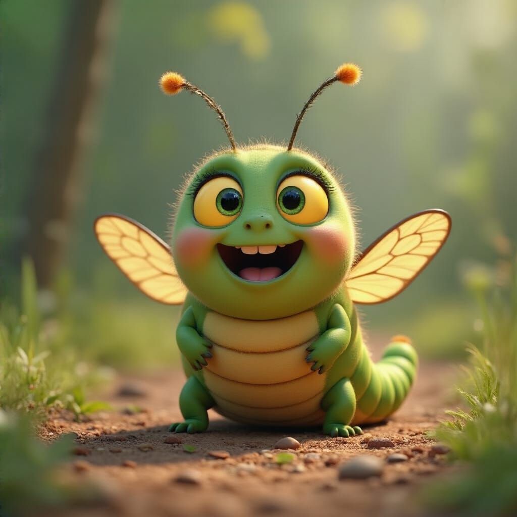 Adorable Pixar animation of an excited green fat Caterpillar with  yellow eyes, he has small wings, has big cute eyes, s...
