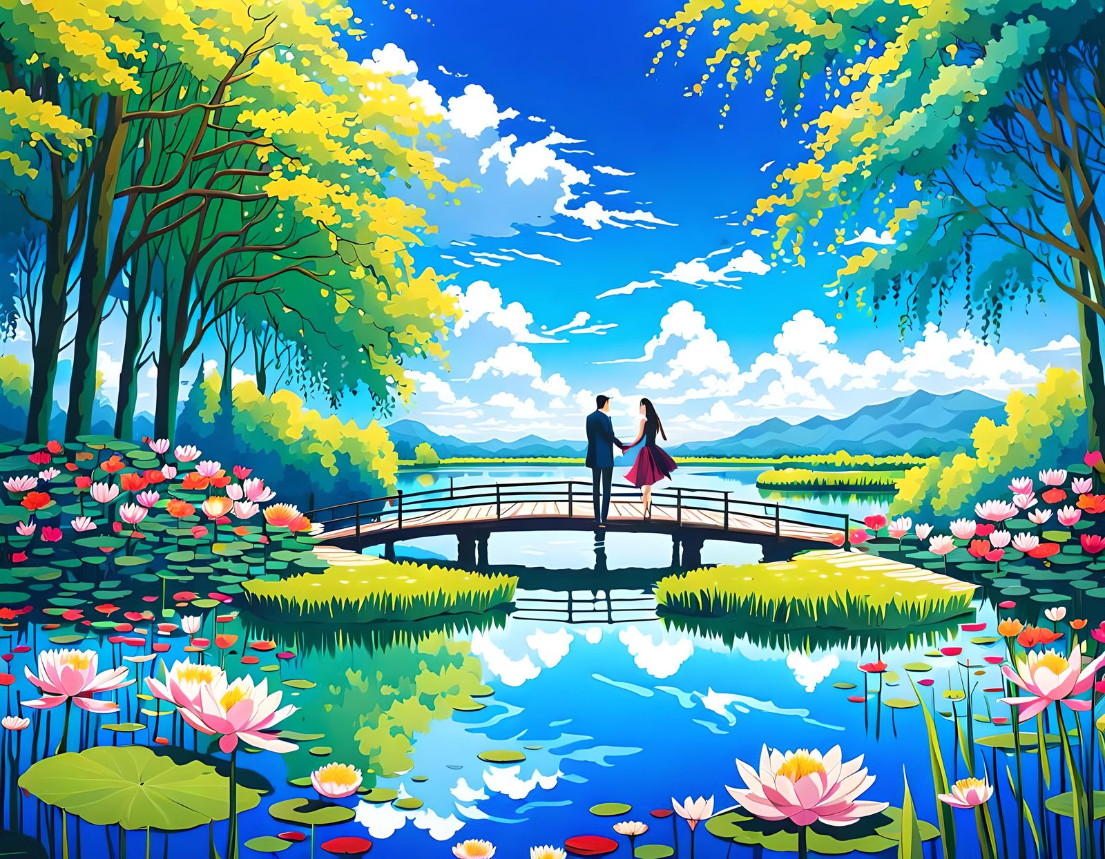Young Couple's Anime Meeting Over Water Lilies