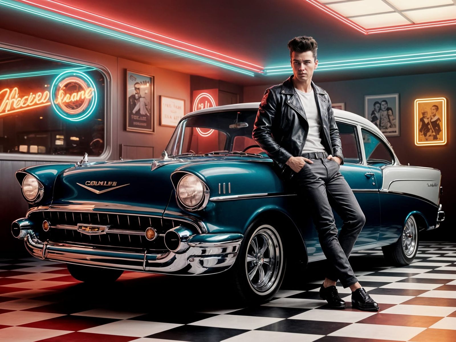 Suave Greaser with 1957 Chevy Bel Air in Matte Painting Styl...